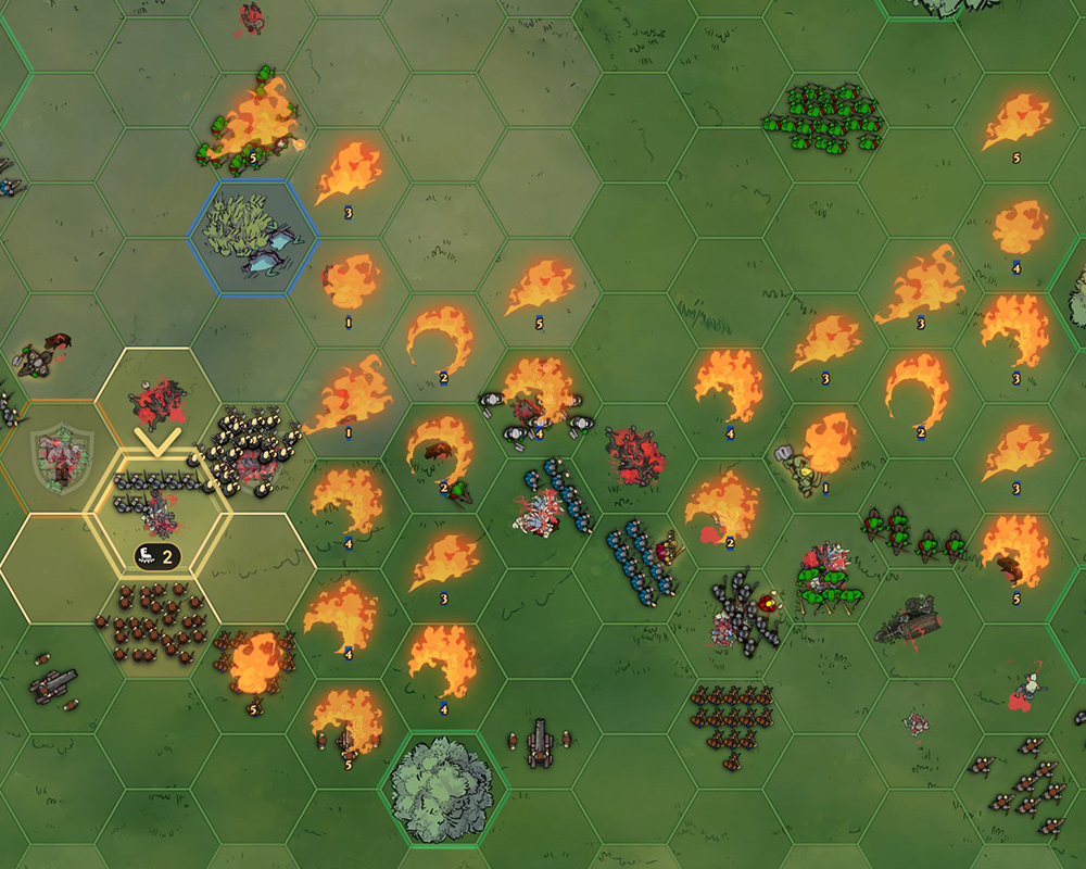 Warmonger spell and fire effects across the battlefield